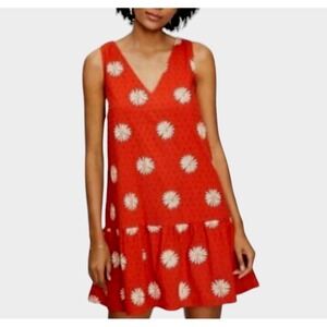 LOFT Red Daisy Print Ruffle Hem V Neck Sleeveless Mini Dress XL